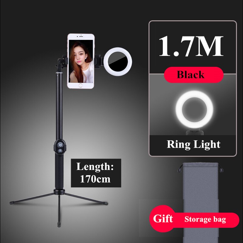 Bluetooth 1.7m selfie stick tripod med led ring fyld lys telefonstativ monopod 360 rotation til smart telefon mobilfoto: Sort ingen kontrol