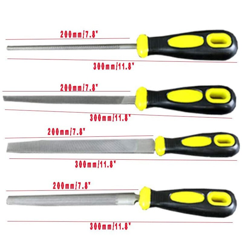 4 stuks 8 inch platte, ronde, halve cirkelvormige en driehoekige geharde stalen vijl, platte metalen vijl, slijpgereedschap met handgreep