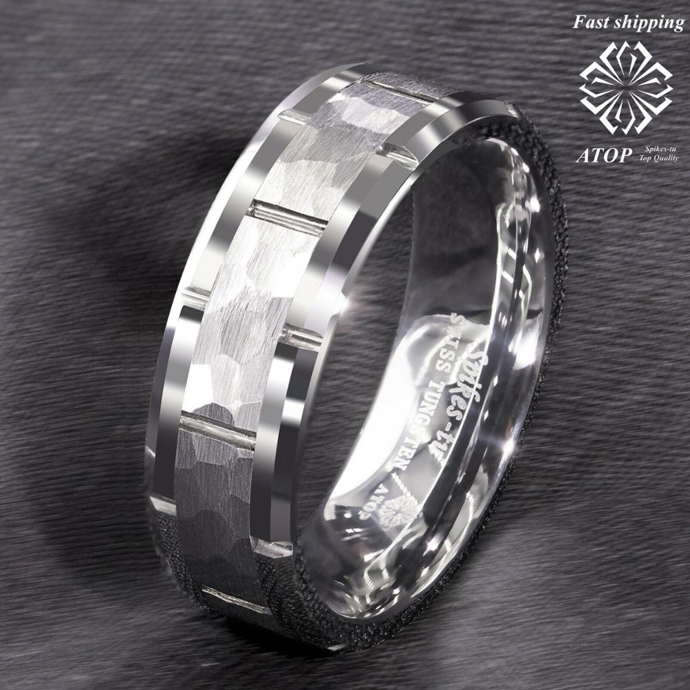 8mm carbure de tungstène martelé motif brossé bague de mariage au sommet des hommes bijoux