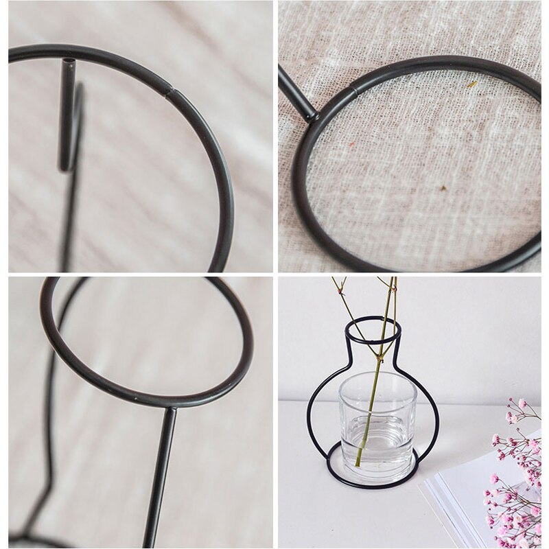 Vase en fer forgé avec cadre géométrique noir, support de plante en métal, Vase pour décoration de salon, bureau, chambre à coucher