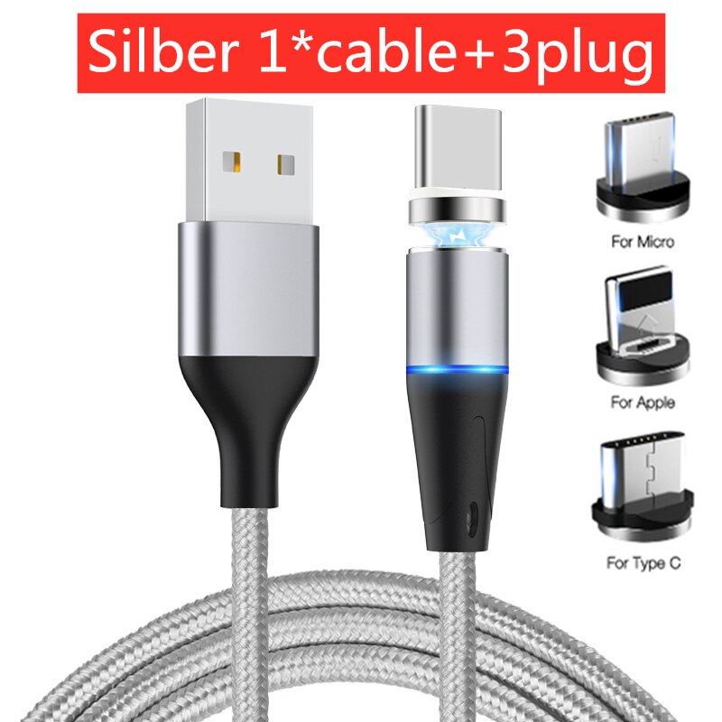 Magnetische Usb-kabel Voor Huawei Samsung Type C Opladen Usb C Magneet Kabel Micro Usb Mobiele Telefoon Draad Koord Voor iphone Telefoon Kabel: Silver 3plug 1cable / 1m for type c