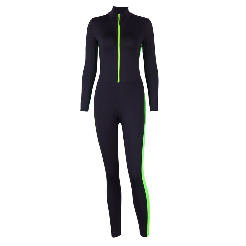 Desportivo neon listrado verde laranja macacão das mulheres manga longa zíper frontal magro macacão de fitness macacão apertado