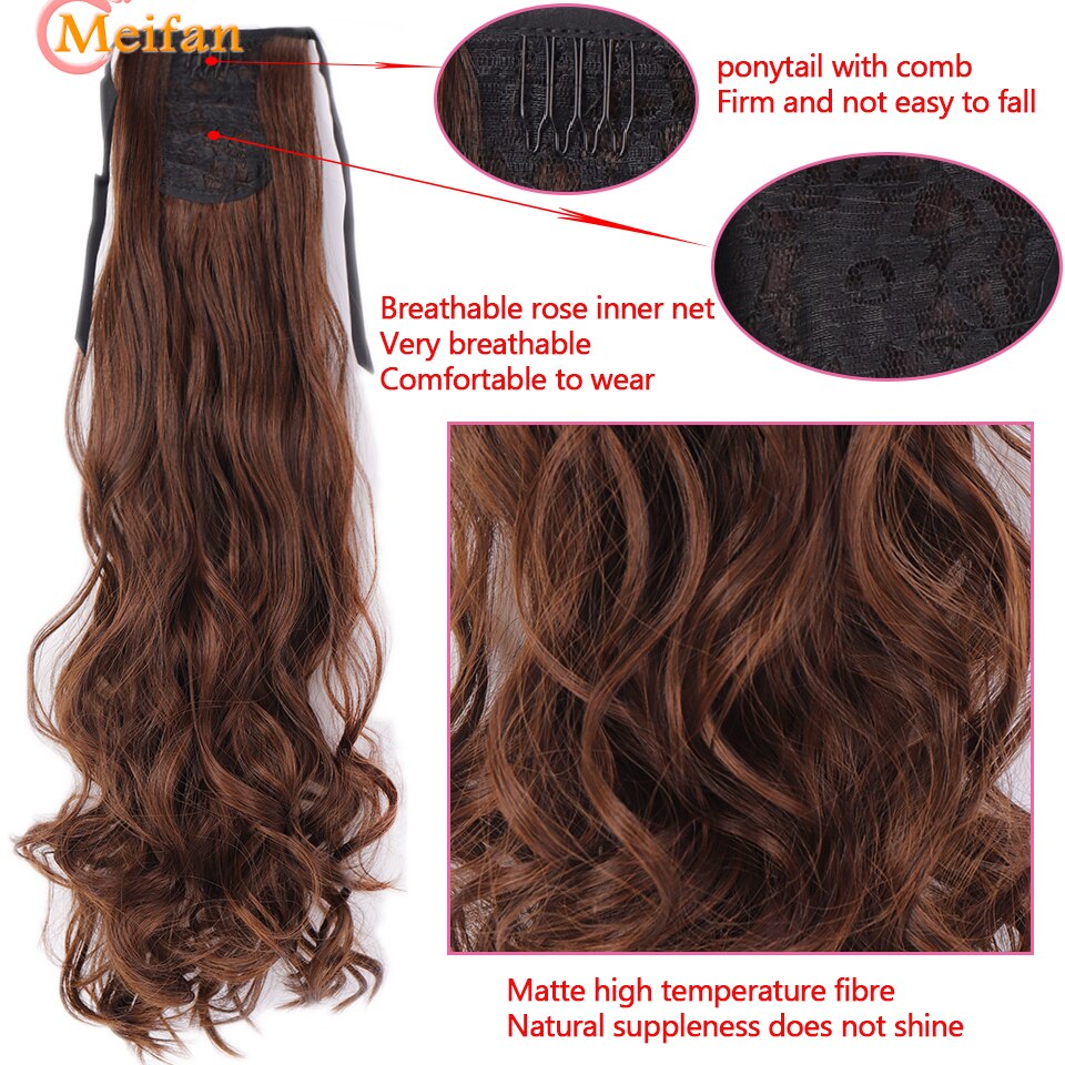 MEIFAN-coletero largo ondulado rizado, extensión de cabello con cordón, postizo sintético Natural con horquillas