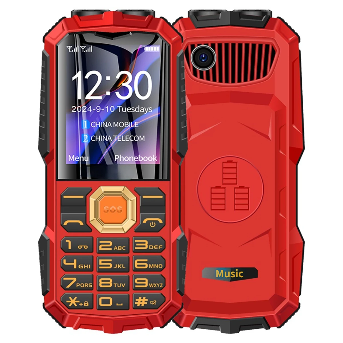 Telefone Idoso Durável com Banco de Potência, Teclado Grande, Bateria Grande, Chamada SOS, Lanterna Speed Dial para Idosos, 2 Sim, 4G LTE: Vermelho