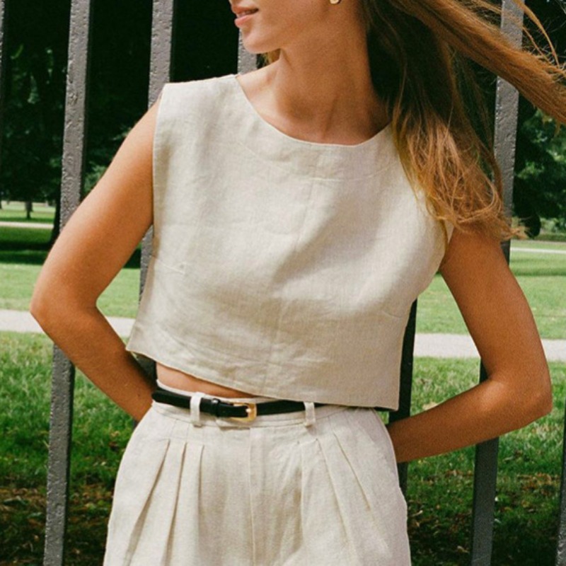 Sommer 100%  ærmeløs crop top i linned til kvinder, løs afslappet ensfarvet, søde toppe, rund hals, minimalistiske korte t-shirts