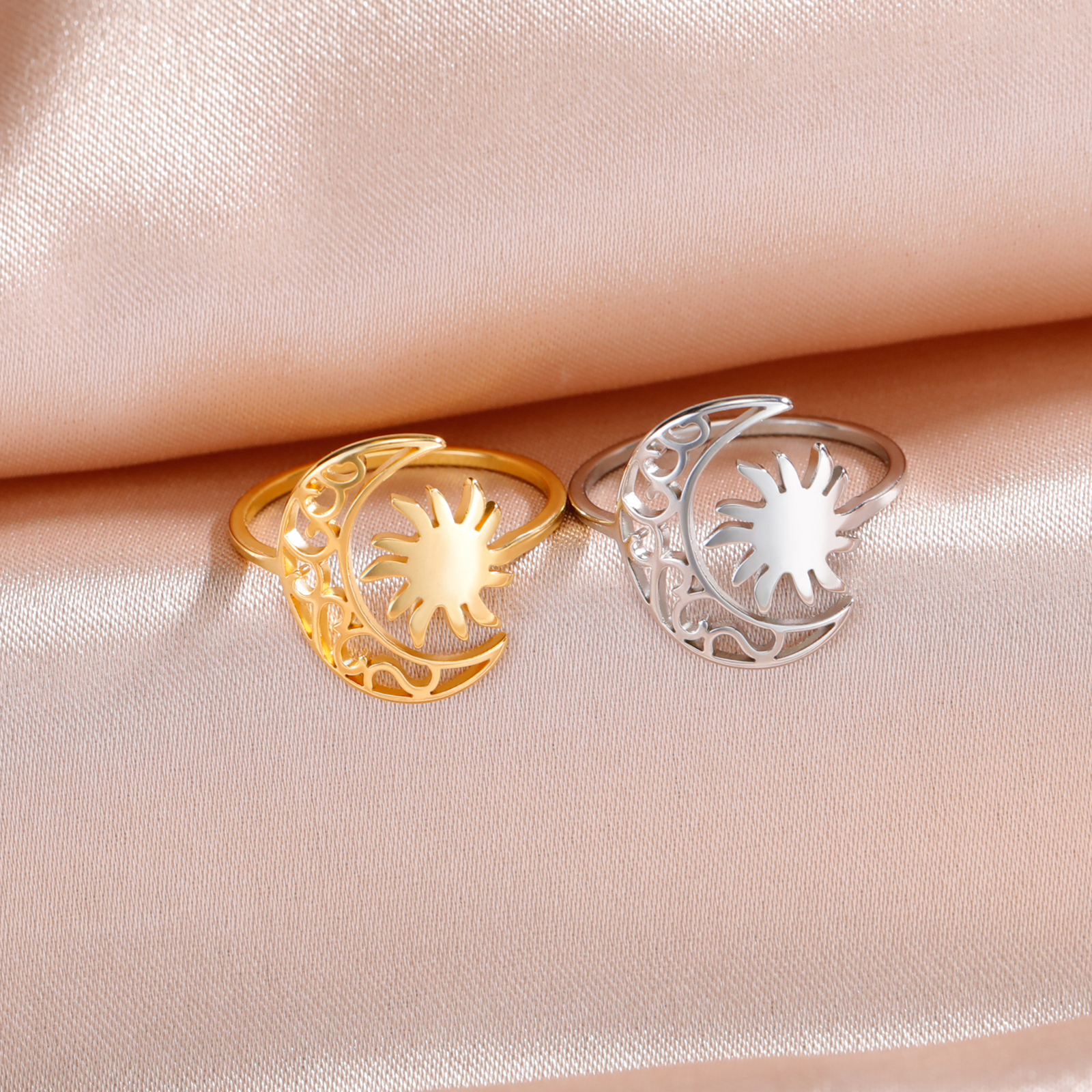 Skyrim-Anillo de sol con forma de luna creciente para mujer, anillos abiertos de acero inoxidable, joyería bohemia de , de cumpleaños,