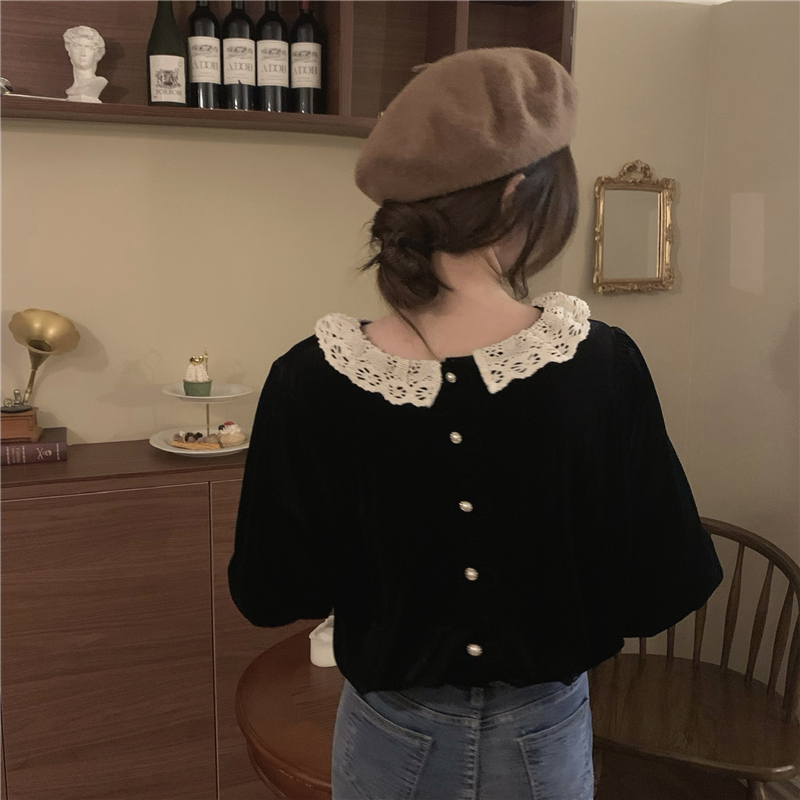 Mexzt vintage sammetsskjortor kvinnor spetsblusar kontorsdam koreanska söta volanger långärmade casual toppar