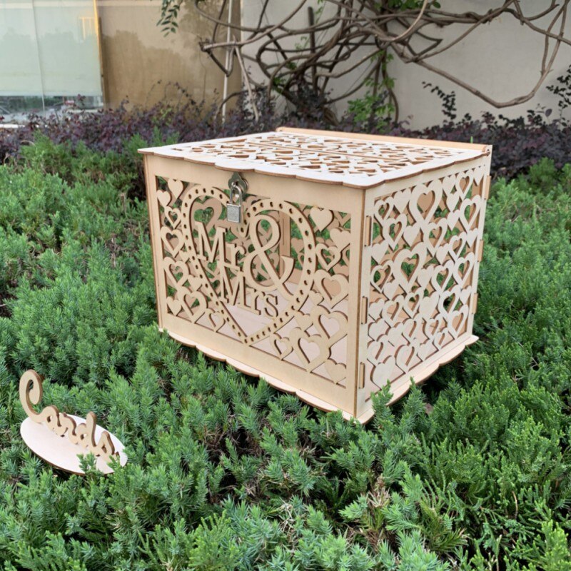 Hollow DIY Wedding Wooden Box Wedding Supplies DIY Couple Deer Bird Flower Pattern Grid Business Card Wooden Box