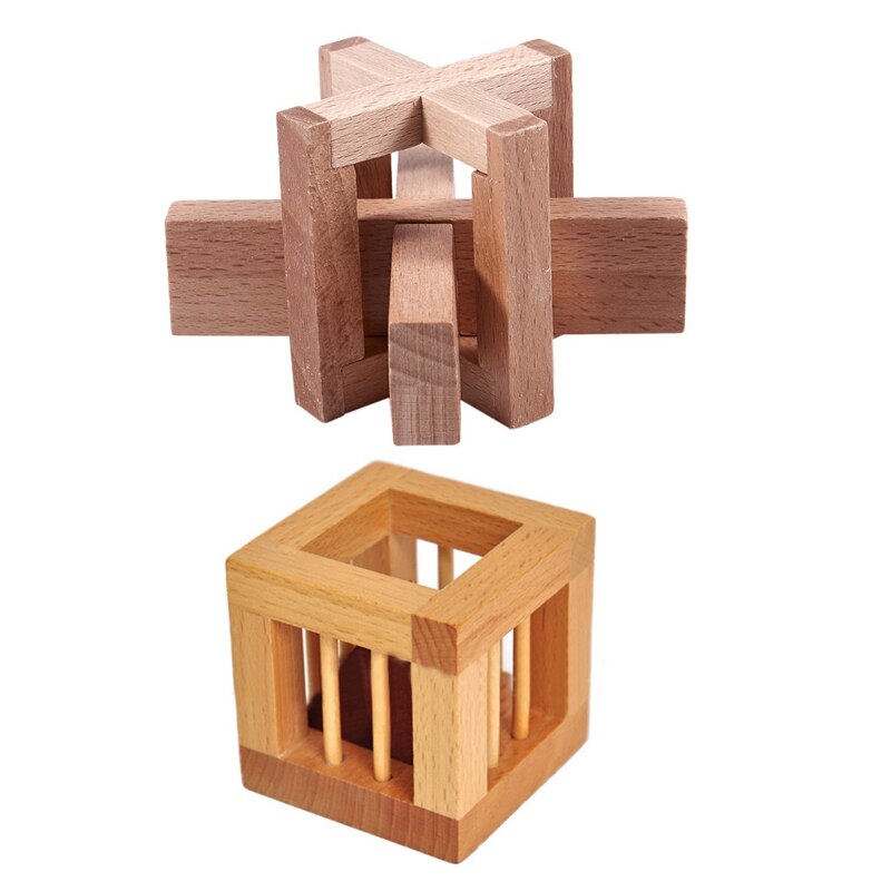 2pcs Wooden The Perplexing x In A Box Logic Puzzle Burr Puzzles Brain Teaser lectual Toy - Siege Lock & cage: Default Title