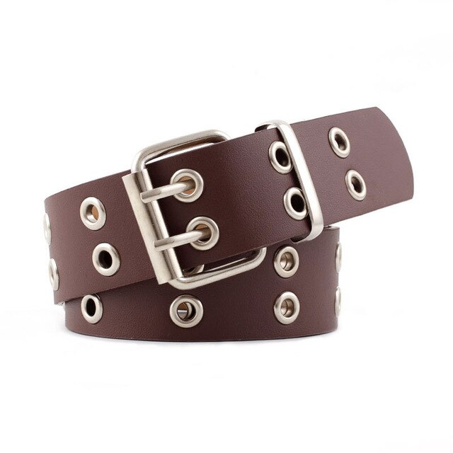 Gold Metal Double Pin Buckle Chain Women Belt PU Leather Punk Luxury Brand Waist Strap Belts for Jeans: 3.8cm brown