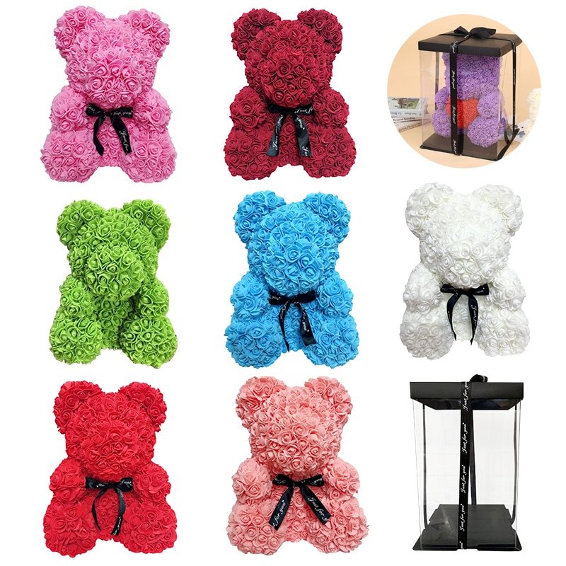 Diy 25 cm bamse rose bjørn med kasse kunstig pe blomst bjørn rose valentinsdag for kæreste kvinder kone mors dag