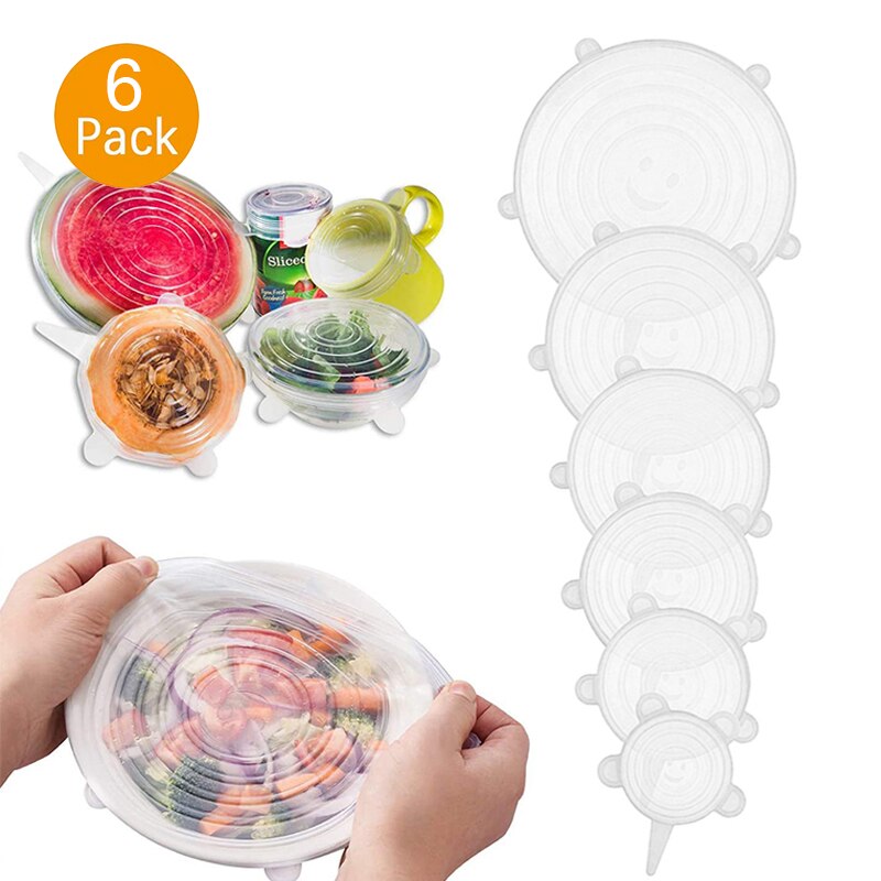 Tapas elásticas de silicona de cobertura completa, cubiertas herméticas para envolver alimentos, utensilios de cocina elásticos con sello fresco, 6 uds.