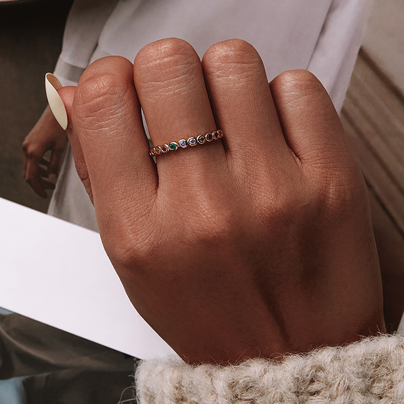 Bagues simples et fines pour femmes, rondes colorées en Zircon, couleur argent, anneau Pinky empilable, bijoux féminins, , KCR039