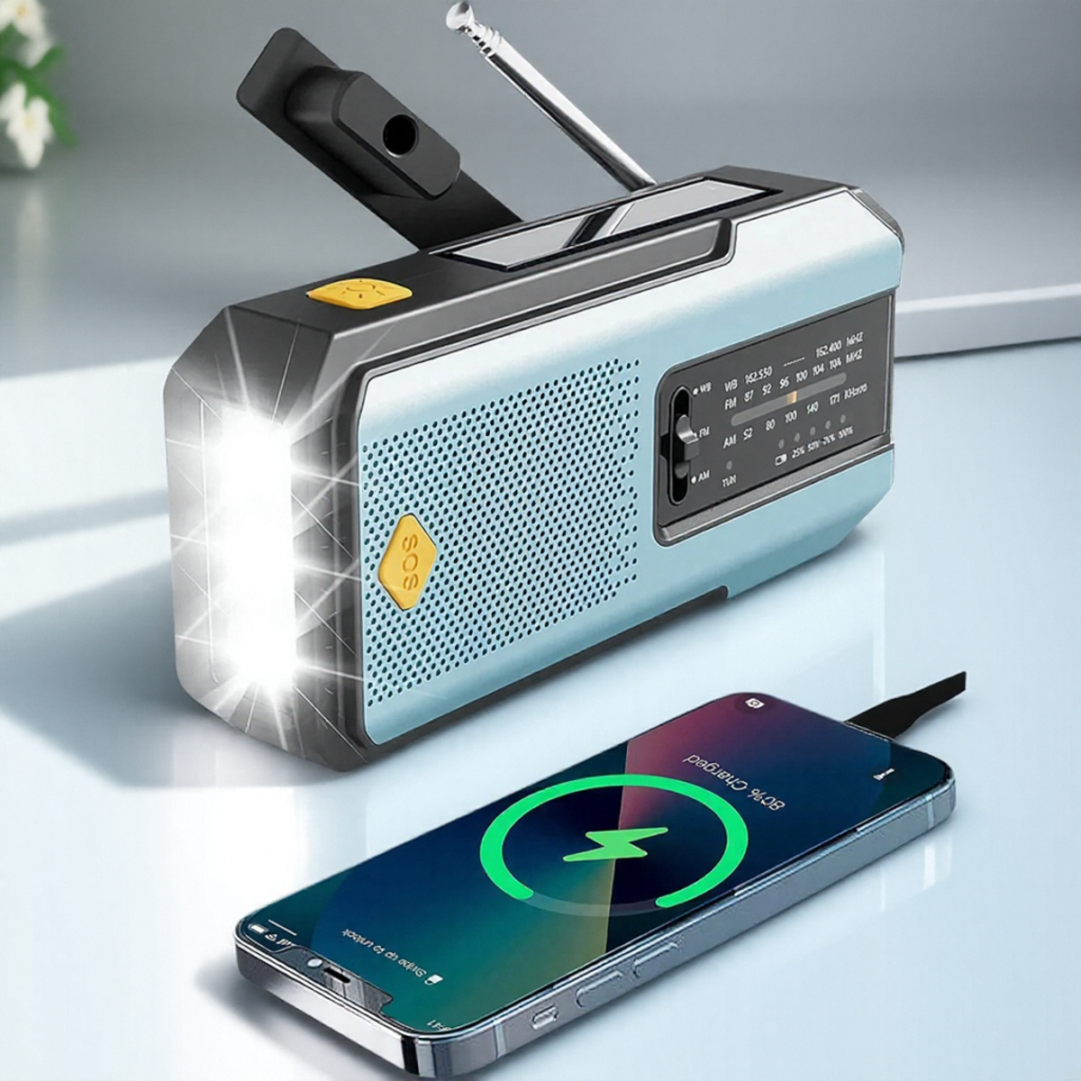 Radio pogodowe Awaryjne wielofunkcyjne radio FM AM WB Korba ręczna Solar USB Ładowanie 2000mAh Power Bank Latarka LED