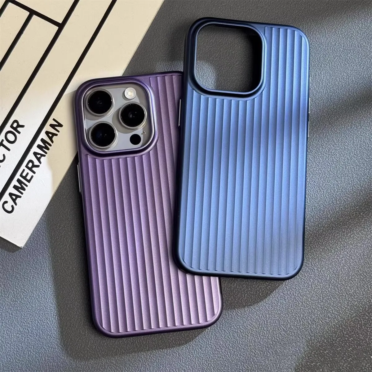 Luxury Natural Titanium PC Case for iPhone 16 15 14 13 Pro Max Plus Electroplated Grating Corrugated Hard Back Cover