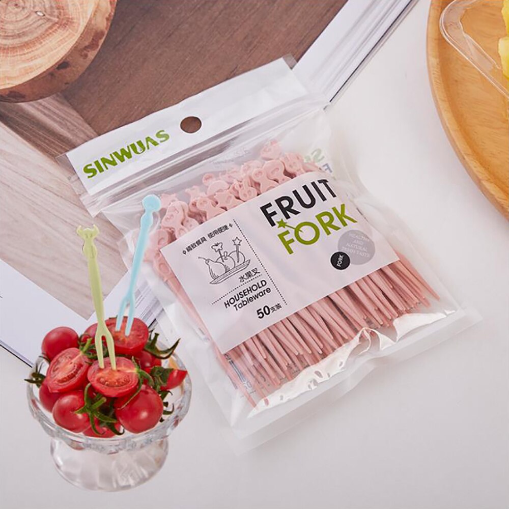50Pcs Huishoudelijke Leuke Fruit Vork Set Plastic Wegwerp Fruit Teken Huishoudelijke Cake Fruit Salade Kleine Vork