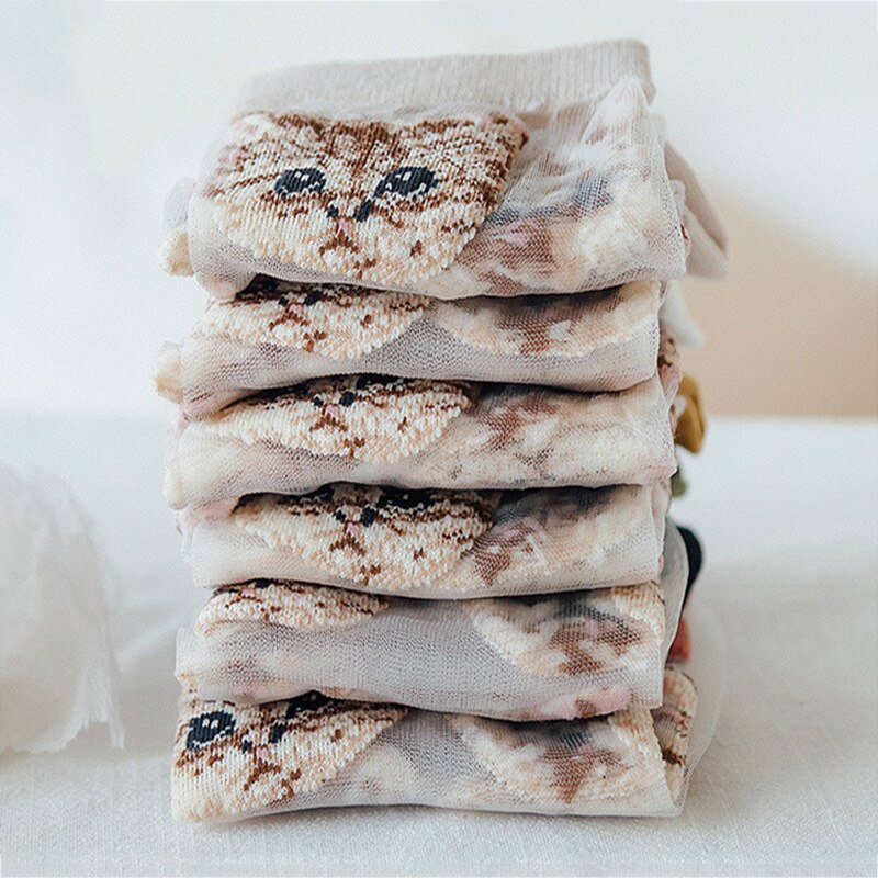 3 par kvinnor och #39 sommar genomskinliga nätstrumpor tecknad söt kattstrumpa bomull glasfilament tunna damstrumpor som andas