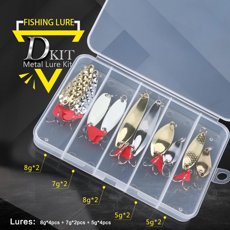 Mixed Colors Fishing Lures Spoon Bait Set Metal Lure Kit Sequins DD Fishing Lures with Box Treble Hooks Fishing Tackle hard Bait: Kit D