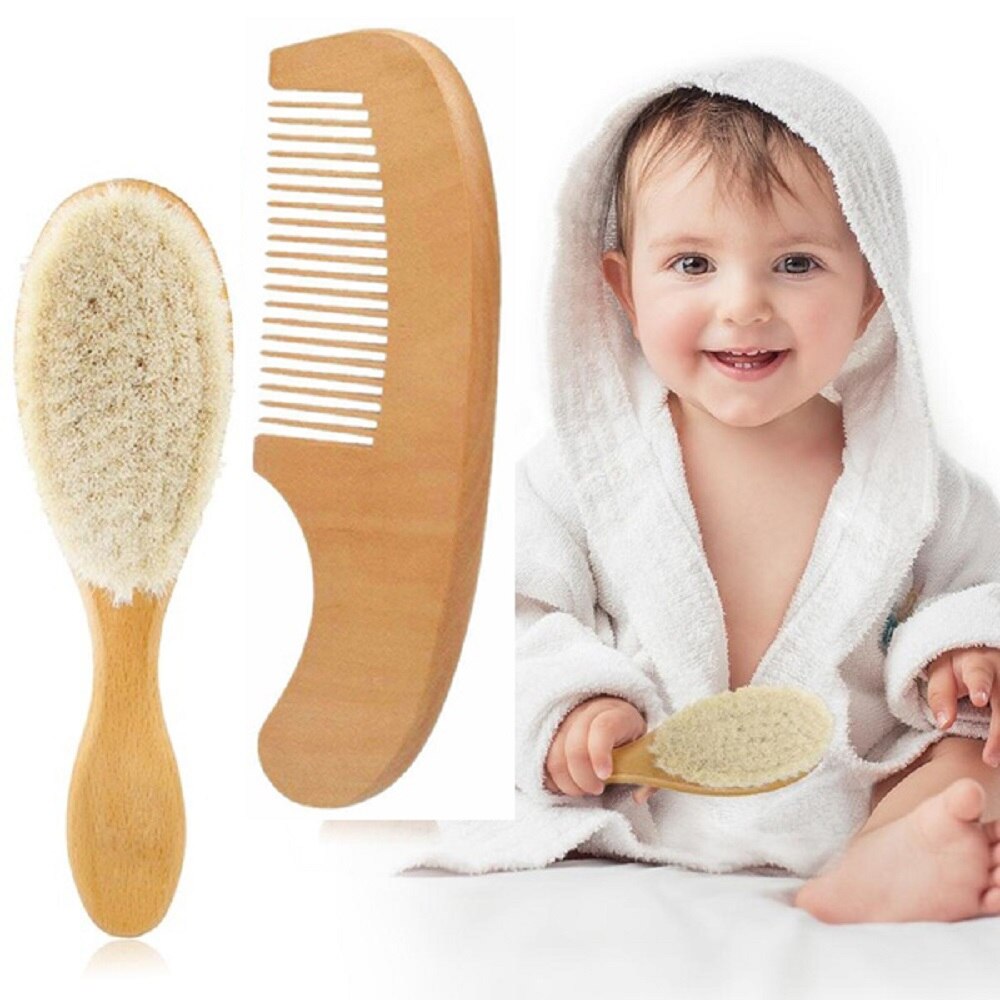 2pcs/ Set Baby Natural Wooden Comb Wool Hair Brush Newborn Infant Head Massager Portable Baby Hair Comb Bath Brush