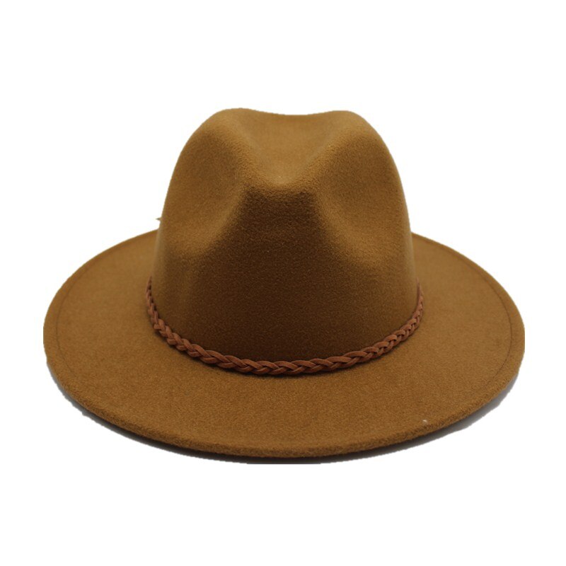 Seioum Wide Flat Brim wool felt Fedoras hats with Ribbon Band jazz trilby formal top hat panama cap Floppy Hat for men women: Khaki
