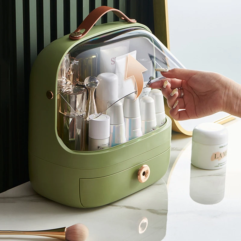 Organizadores de cosméticos de escritorio, caja de almacenamiento de joyería de maquillaje a prueba de polvo de gran capacidad con tapa, organizador impermeable para baño