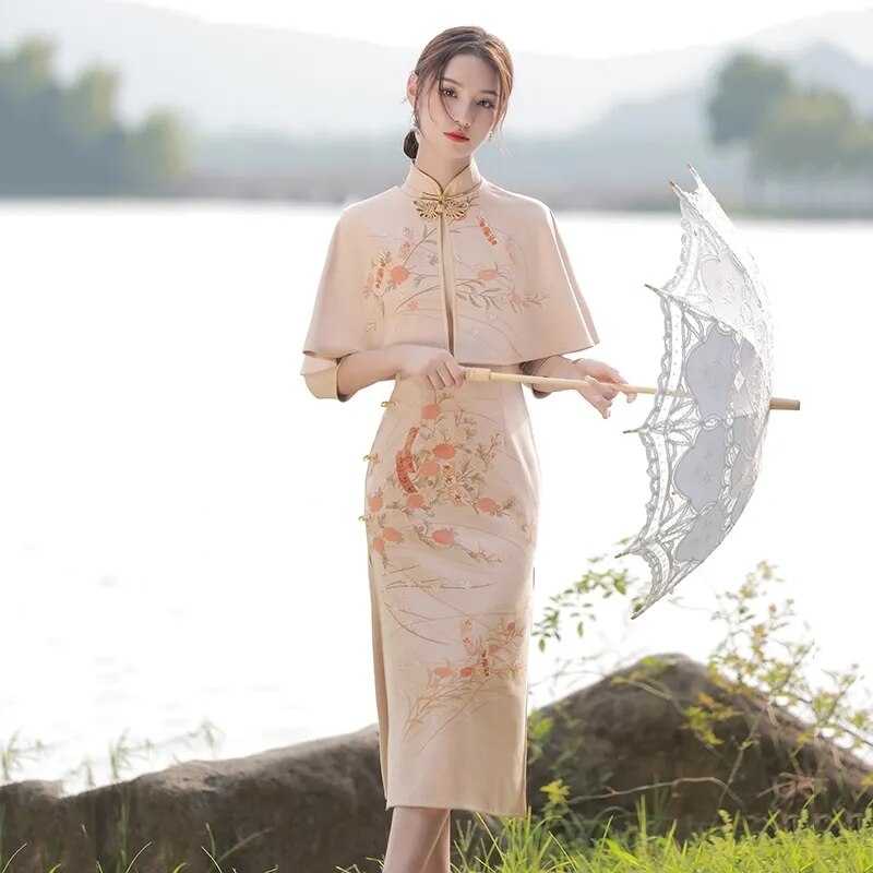 Slim Qipao +shawl Two-piece Chinese Dress Women Hanfu Traditional Robe Orientale Female Vestido Chino Autumn Cheongsams: XXL