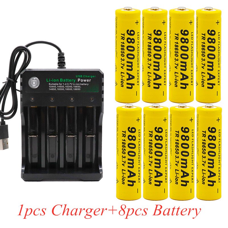 100% 18650 battery 3.7V 9800mAh rechargeable liion battery for Led flashlight battery 18650 battery +USB charger: USB-9800 8PCS