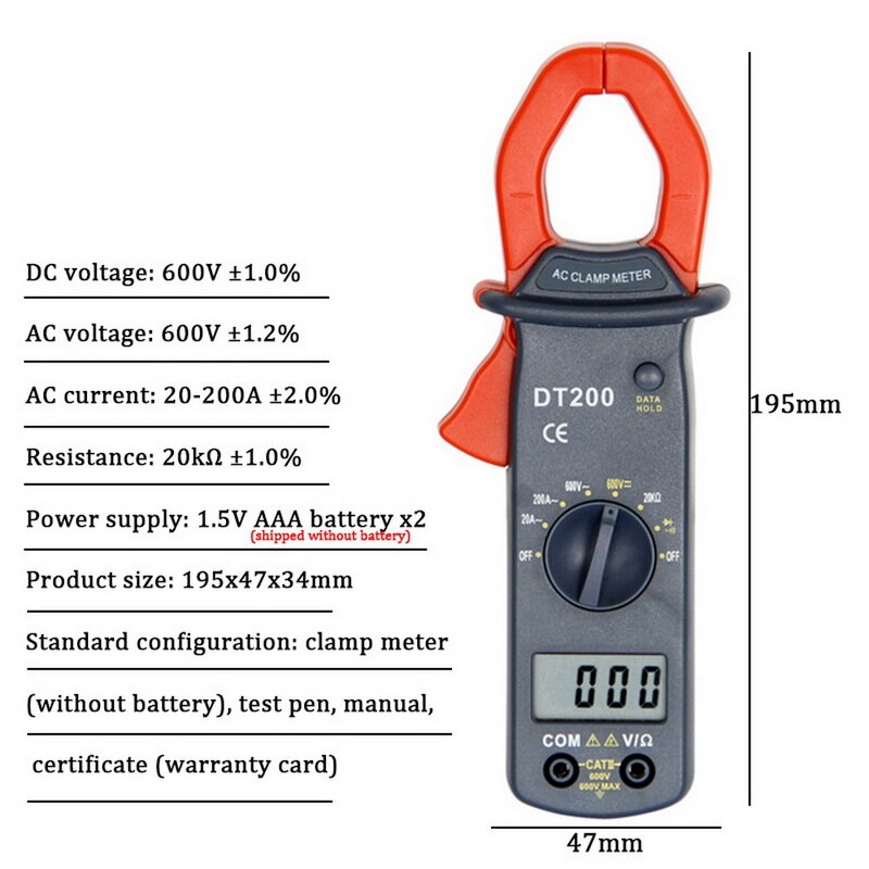 DT200 Multimeter Mini Digital Clamp Meter AC/DC Voltage AC Current 600v True RMS Multimeter Capacitance Electrical Megger Tester