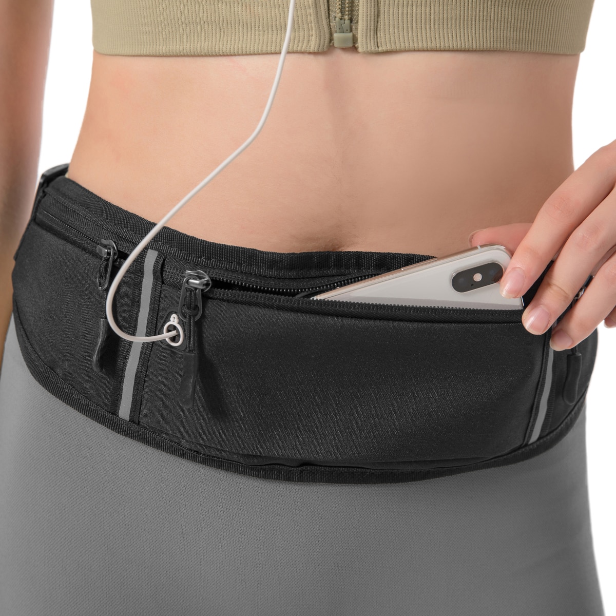 Kvinner sport midje bag utendørs reflekterende stripe fitness mobiltelefon midje bag med øretelefon hull jogge løpebager