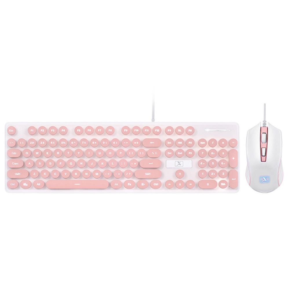 N518 Keyboard Mouse Kit Wired Steampunk Vintage Gaming With Round Key Cap Multimedia Button Keyboard Mouse Set: PINK