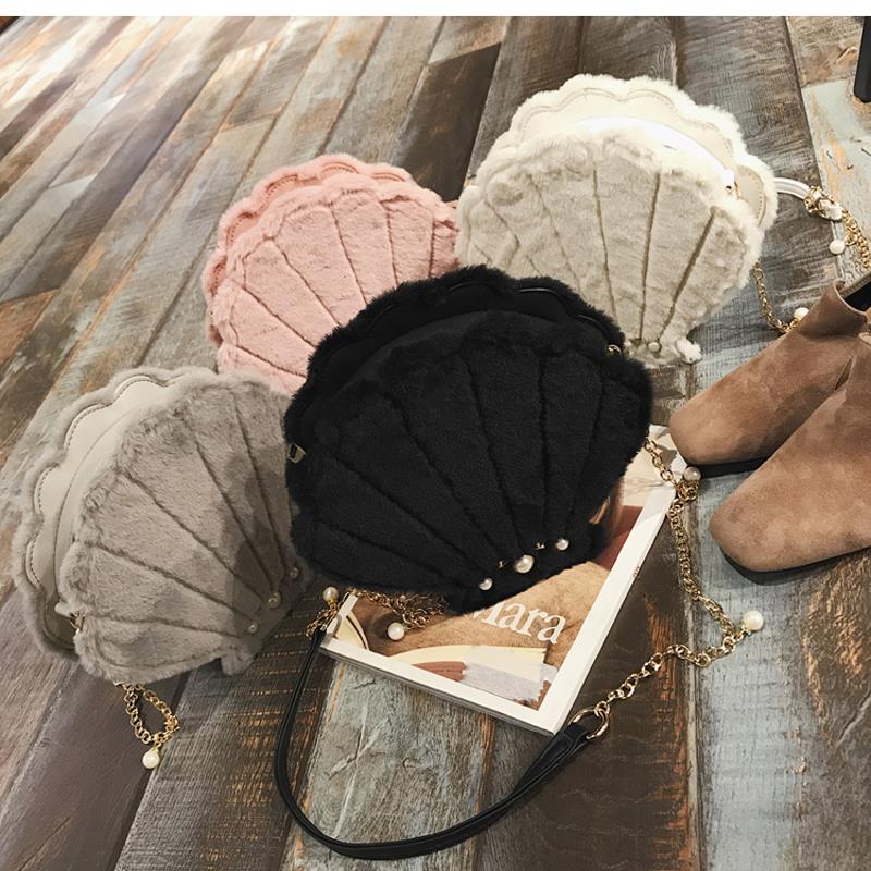 Lovely Seashells Shape Mini Crossbody Bag For Women Lady Girl PU Leather Plush Bag Chain Lolita Small Messenger Bags