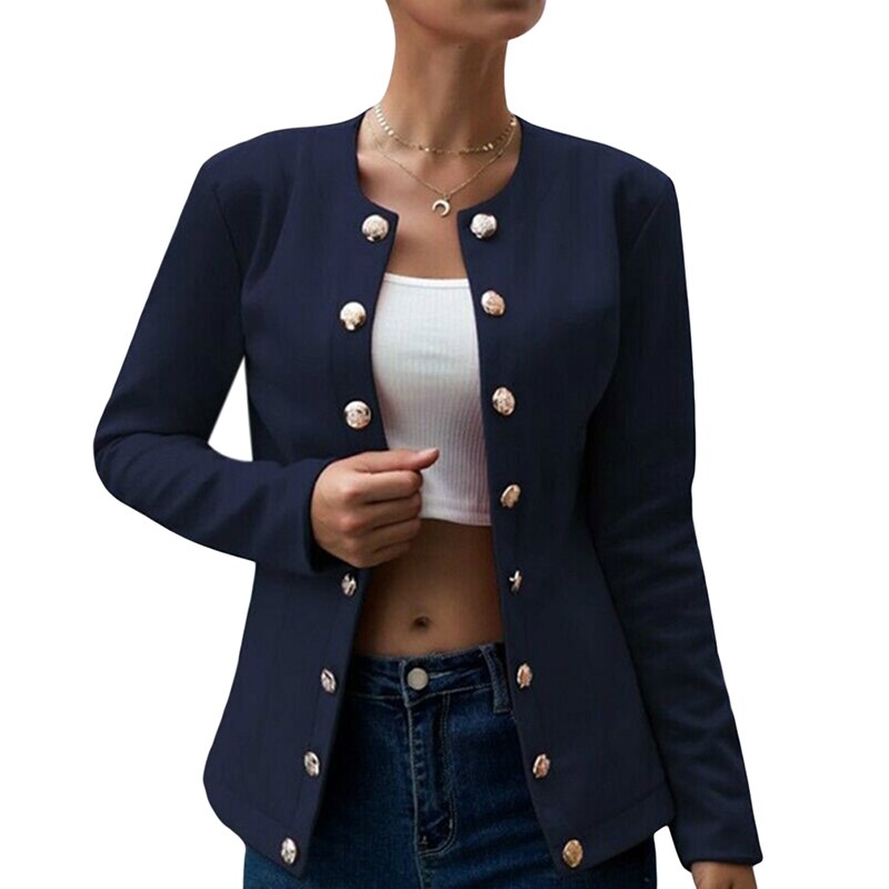 Women Autumn Blazer Slim Fit Smart Casual Button Long Sleeves Office Ladies Jacket Women's Double Breasted Blazer Streetwear: navy / XXL