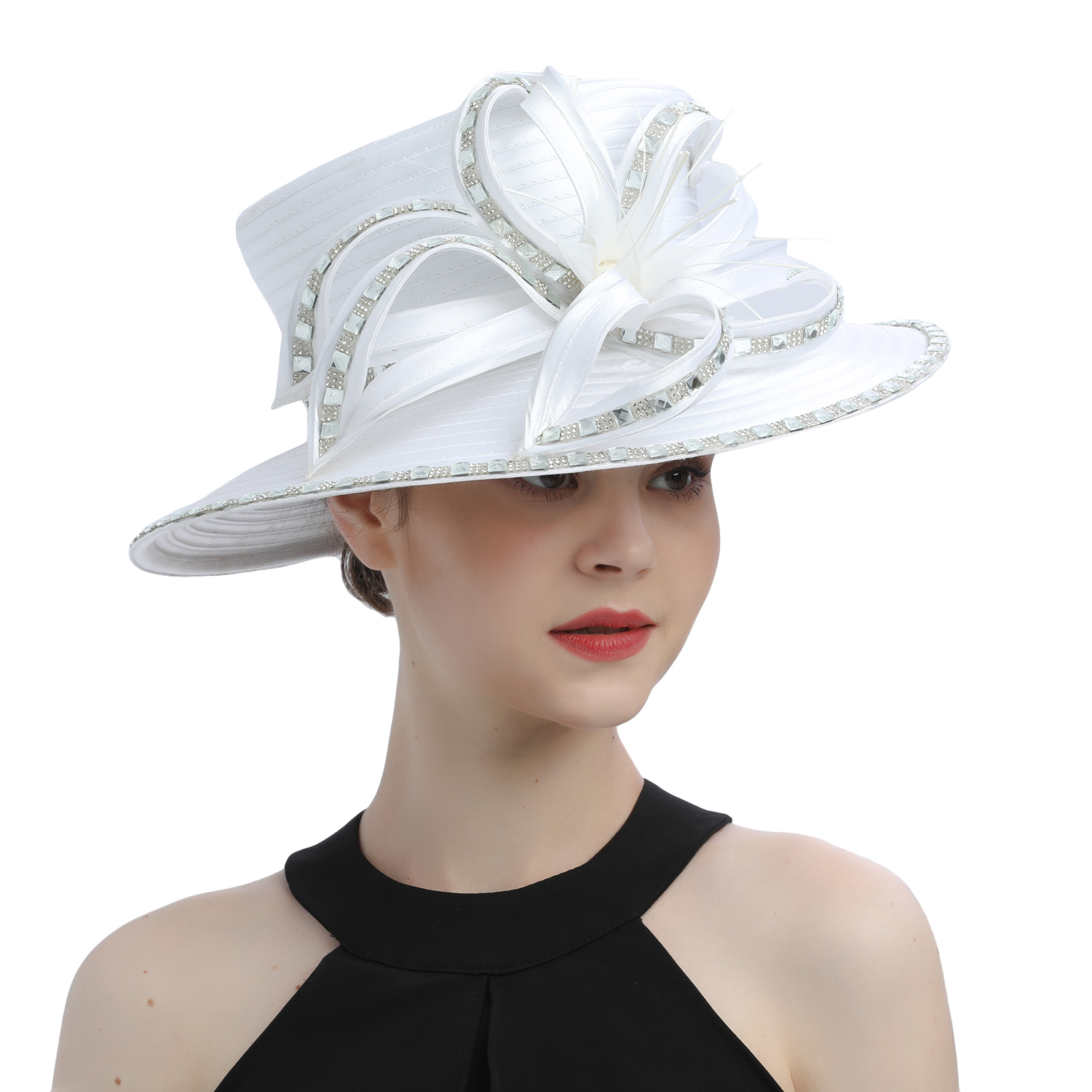 Sombrero de iglesia blanco de lujo para , banquete, tela satinada, sombreros de fotografía, cadenas Premium, sombrero Formal, gorra superior de flores para mujeres y señoras: Beige