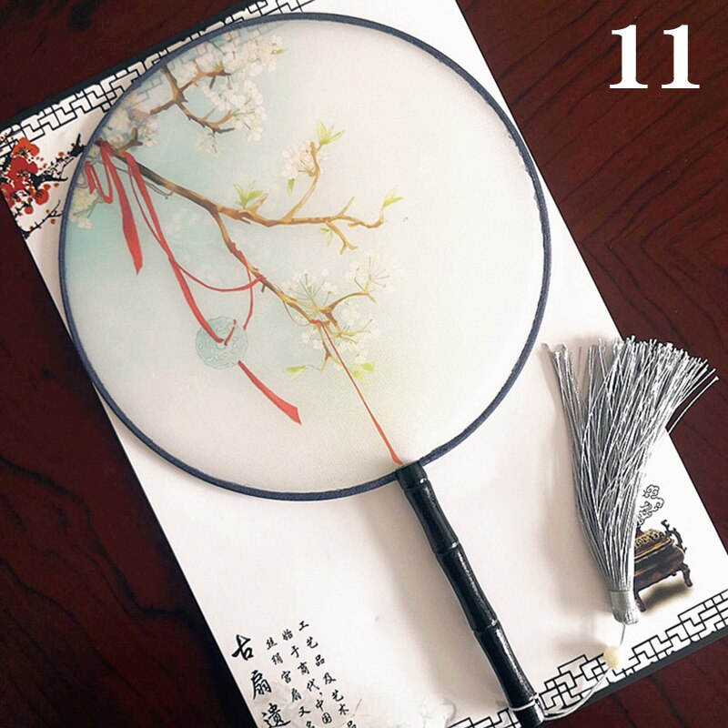 Hanfu Circular Fans Vintage Tassel Long Handle Ancient Chinese Style Court Dancing Round Fan Classical Printed Wedding Round Fan: 11
