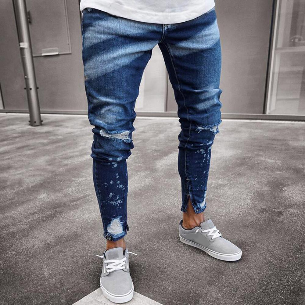 Slim Feet Men Stretchy Ripped Skinny Biker Print Jeans Destroyed Hole Taped Slim Fit Denim Scratched Jeans