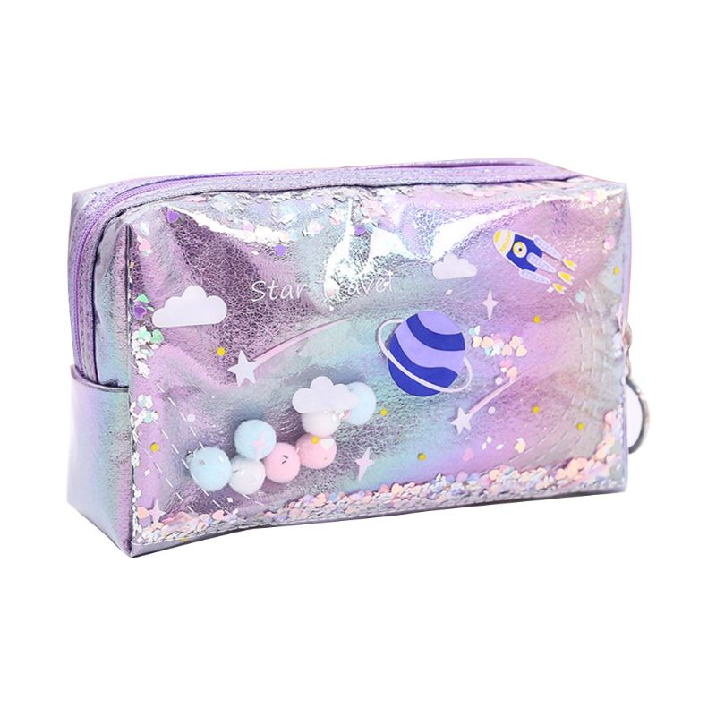 Lovely Large Quicksand Planet Pencil Case Leather Pen Box Makeup Bag Girls 090F: Purple