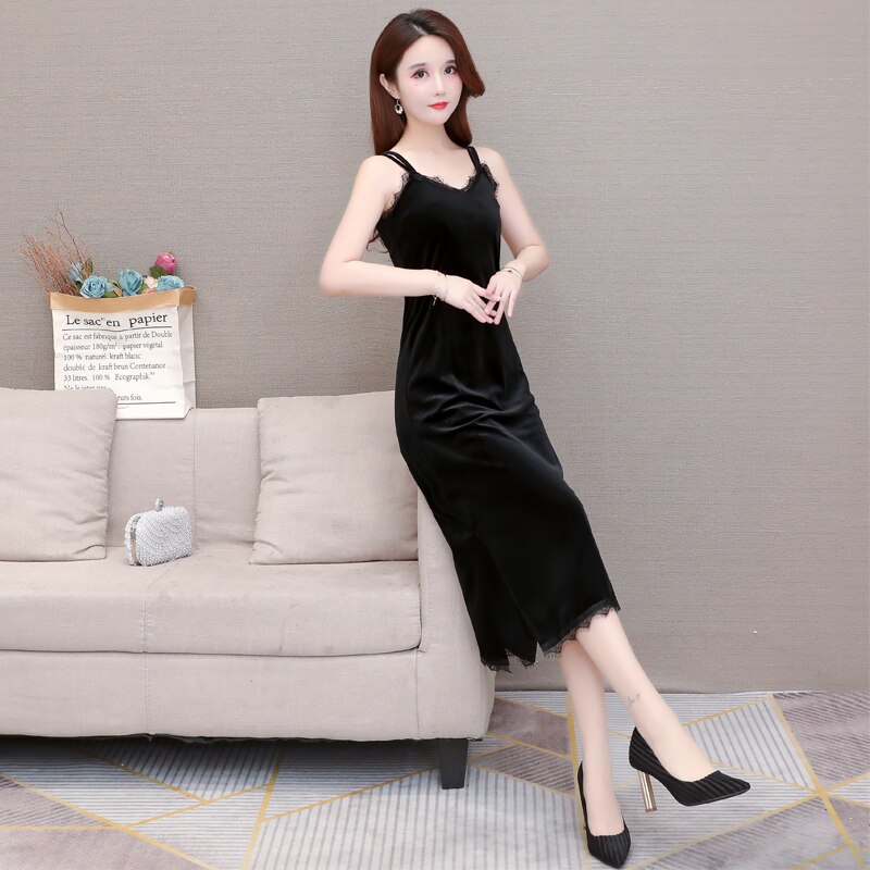 Gold velvet vest underskirt women's straight bottoming skirt large size loose slim mid length suspender slip dress autumn winter