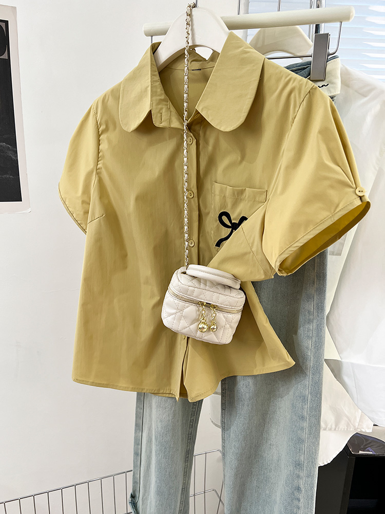 Camisa de manga curta feminina, arco doce coreano, blusa versátil fofa, blusa casual na moda, primavera e verão, nova: S / YELLOW