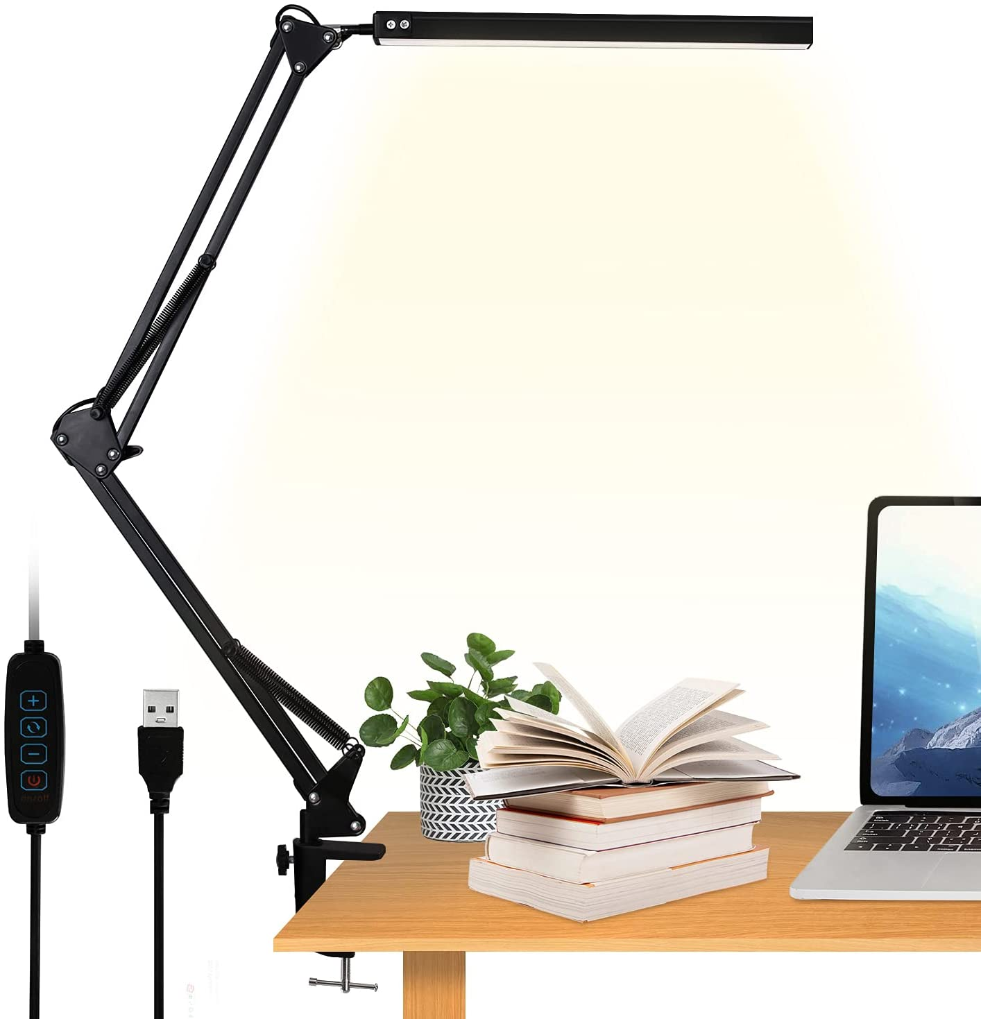 Led skrivebordslampe med klemme, øjenpleje bordlamper, dæmpbar kontorlampe med usb-opladningsport ,3 lystilstande med 10 lysstyrker: Enkelt hoved