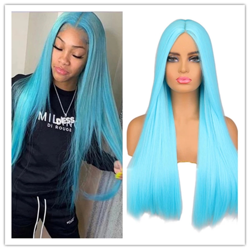 WHIMSICAL W-peluca larga de cabello azul oscuro sintético para mujer, color azul marino, resistente al calor, para Cosplay: Sky blue