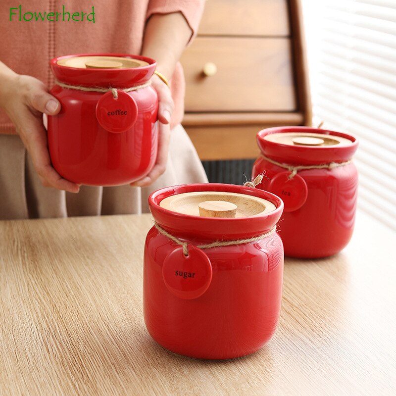 Large Capacity Red Ceramic Tea Caddy with Bamboo Lid Round Tea Storage Food Grade Tea Container Tea Coffee Bean Sealed Caddy