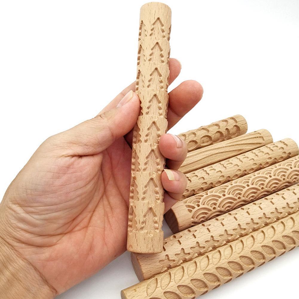 1Pc Houten Textuur Deegroller Keramische Aardewerk Art Reliëf Staaf Bloem Patroon Modder Roll Roll Reliëfs Klei Gereedschap Steen diy Bakken