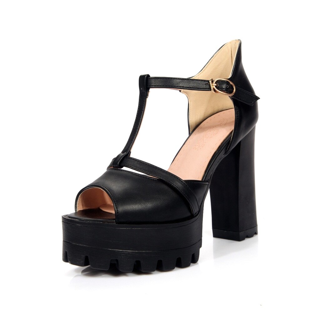 Morazora peep toe sommarskor stor storlek 32-43 högklackat skor platå dam sandaler täcka klackfest: Svart / 4