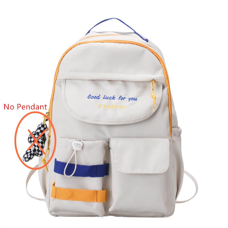 Fengdong teenage girls waterproof school backpack student high school bags female black notebook backpack girl large book bag: White-No Pendant