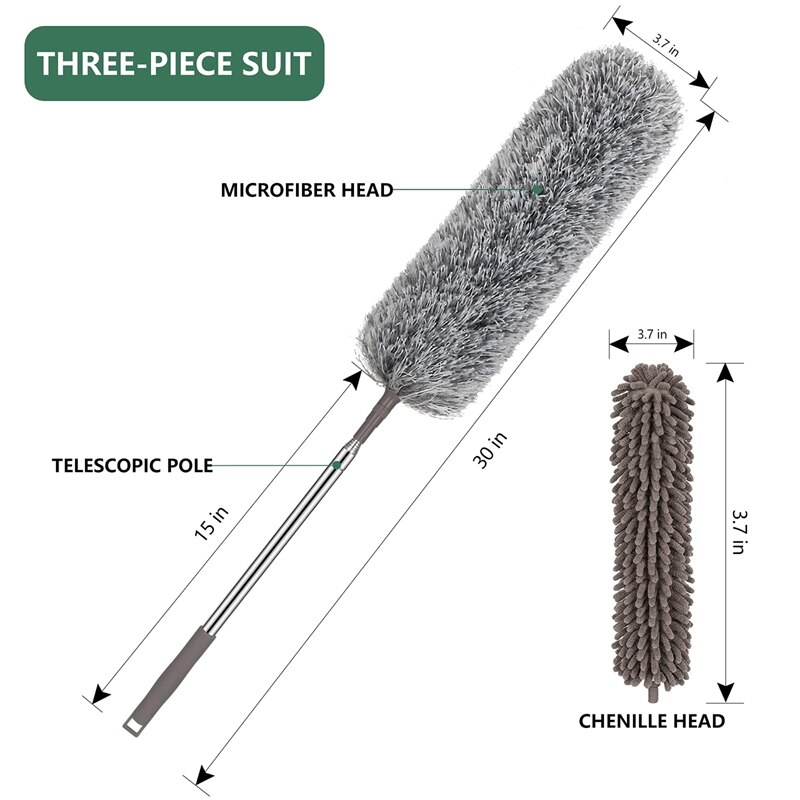 Microfiber Feather Duster with Extension Pole(30-100Inch) with Microfiber Head and Chenille Head Bendable Cobweb Duster