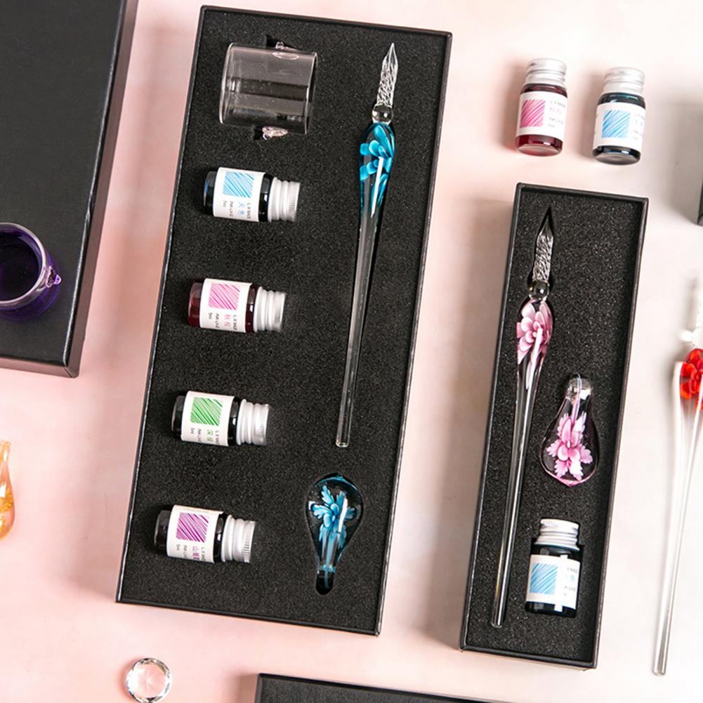 1 Set Glass Dip Pen with Ink Floral Glossy Fountain Pen Kit Smooth Writing Threaded Nib Crystal Ink Pen Set перо для письма 글라스펜