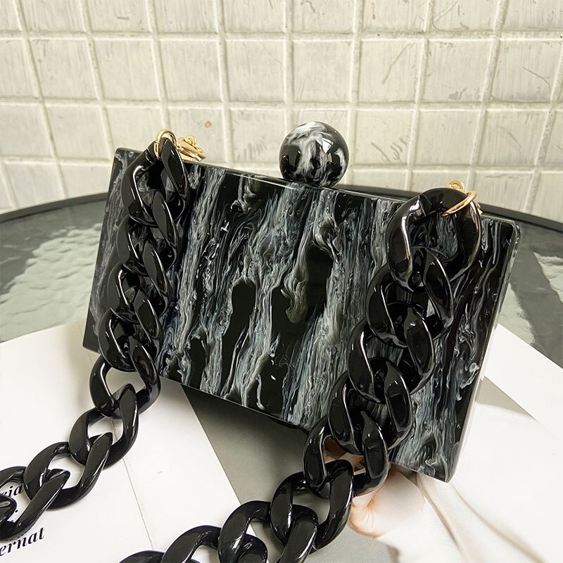 Marble Acrylic Bags Vintage Women Messenger Bags Black White Ink Painting Evening Clutch Bags Party Prom Handbags: Gold Black Chain