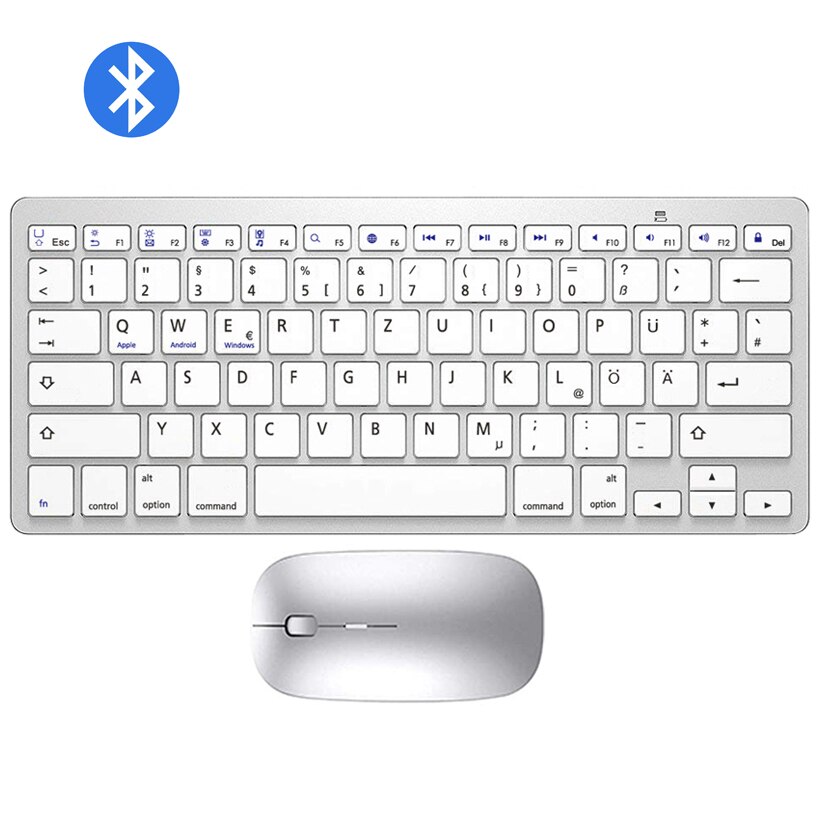 German QWERTZ Layout Bluetooth Keyboard Mouse Combo Wireless Bluetooth Mice Ultra Slim Mute for Mac iPad iOS Android Windows: German Silver