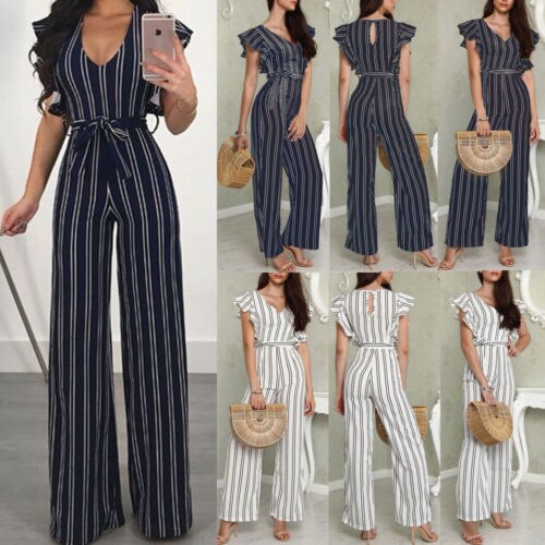 Sort hvid stribet jumpsuits dame flæser rompers overalls ærmeløs bodycon chiffon brede ben lange bukser playsuits