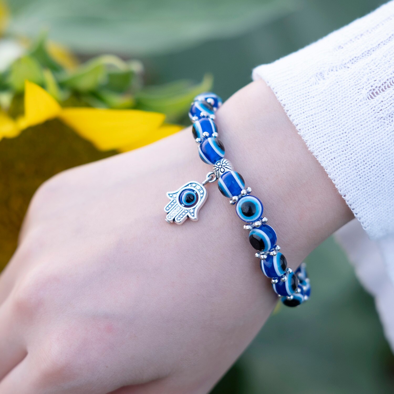 Niebieska bransoletka Evil Eye dla kobiet mężczyzn turecka dłoń wisiorek oczy koraliki Handmade szczęśliwa bransoletka elastyczna regulacja Charm bransoletka: Blue Palm